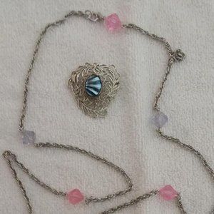 Vintage Necklace and Brooch, Pink and Blue